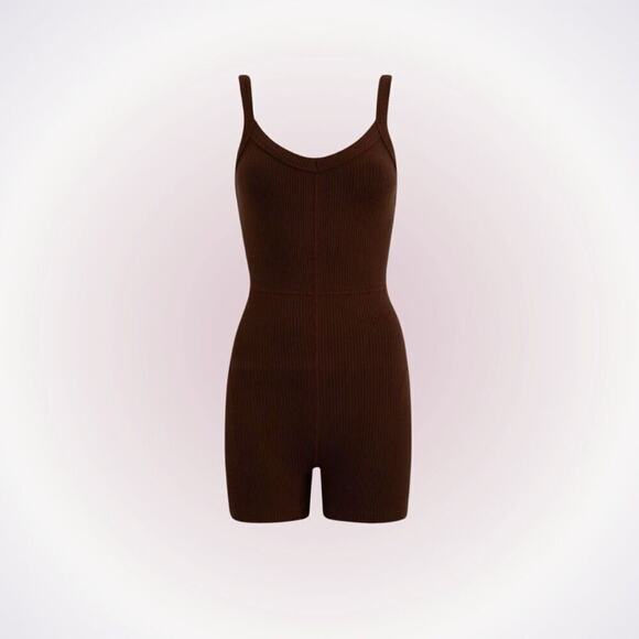 Year of Ours lounge short onesie in dark oak ribbed brown romper | Sz XS - Picture 1 of 8